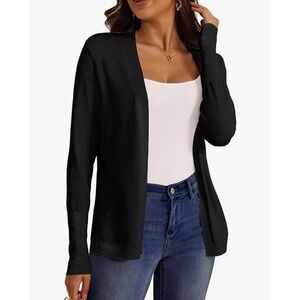 Folunsi Womens Black Open Front Cardigan Sweater Ribbed Trim Pockets S NEW